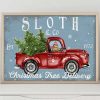 Lovely sloth drives red christmas truck