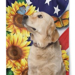Golden Retriever With Sunflower And Flag Flags