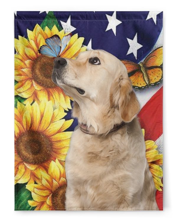 Golden Retriever With Sunflower And Flag Flags