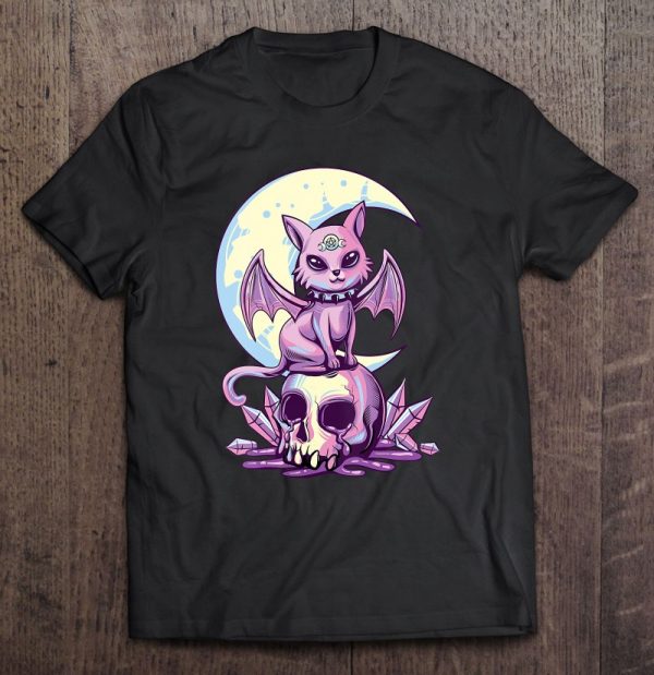 Womens Pastel Goth Wiccan Cat Cute Creepy Witchy Cat And Skull V-Neck